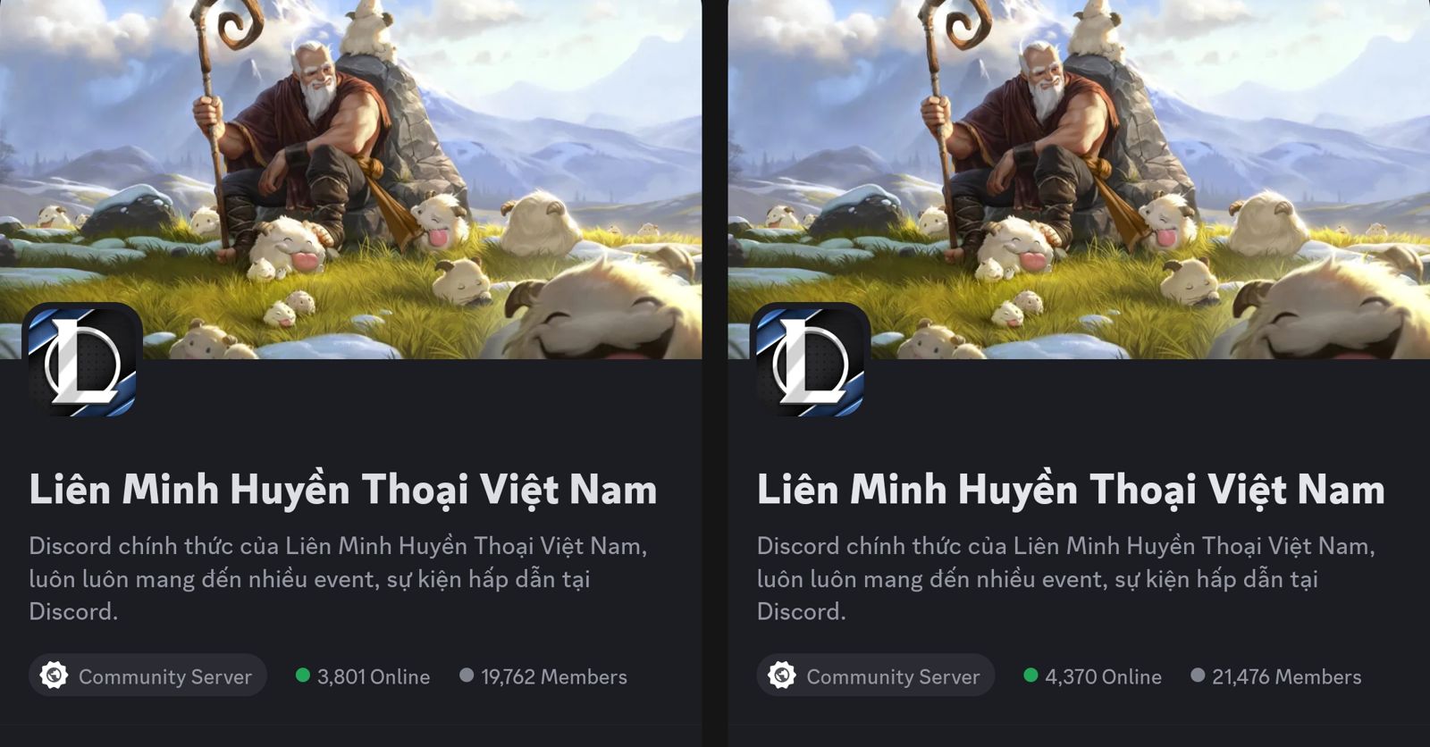 Hai ảnh chụp server Discord Liên Minh Huyền Thoại Việt Nam: 19,762 thành viên ngày 06.02.2024 và 21,476 thành viên ngày 18.03.2024